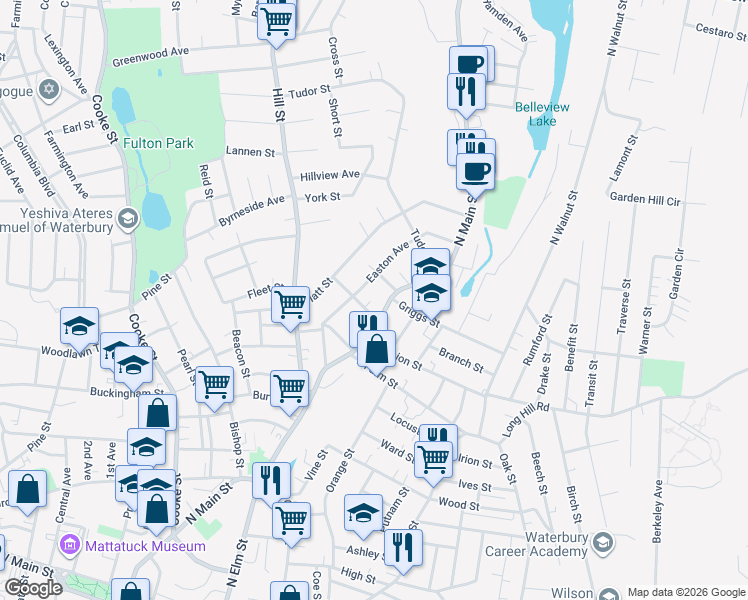 map of restaurants, bars, coffee shops, grocery stores, and more near 127 Easton Avenue in Waterbury