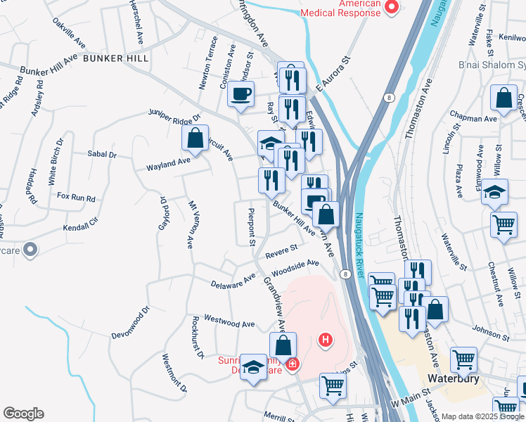 map of restaurants, bars, coffee shops, grocery stores, and more near 10 Woodruff Street in Waterbury