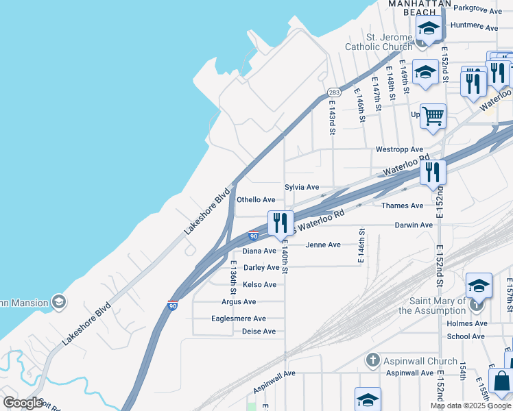 map of restaurants, bars, coffee shops, grocery stores, and more near 13816 Lakeshore Drive in Bratenahl
