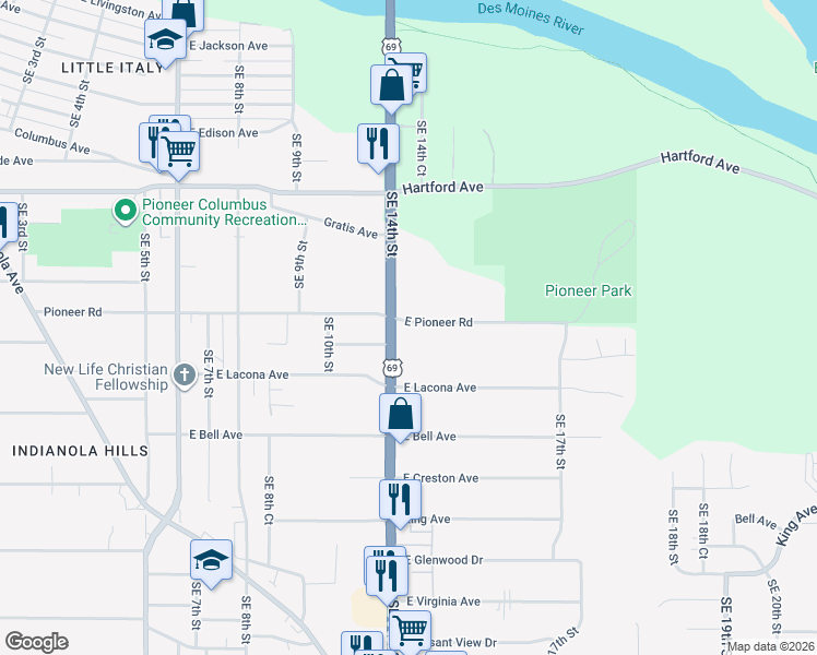 map of restaurants, bars, coffee shops, grocery stores, and more near 1438 Pioneer Road in Des Moines