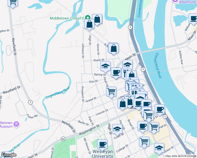 map of restaurants, bars, coffee shops, grocery stores, and more near 82 Spring Street in Middletown