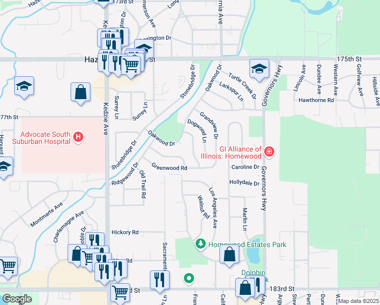 map of restaurants, bars, coffee shops, grocery stores, and more near 17711 Pebblewood Lane in Hazel Crest