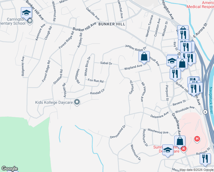 map of restaurants, bars, coffee shops, grocery stores, and more near 91 Kendall Circle in Waterbury