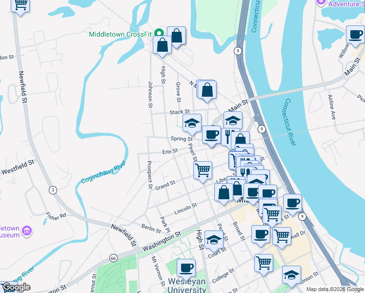 map of restaurants, bars, coffee shops, grocery stores, and more near 82 Spring Street in Middletown