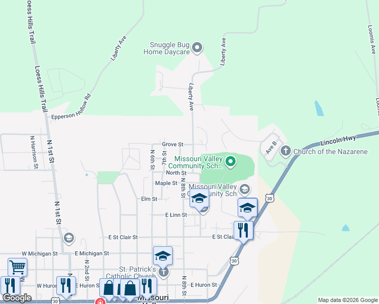 map of restaurants, bars, coffee shops, grocery stores, and more near 1007 Longview Road in Missouri Valley