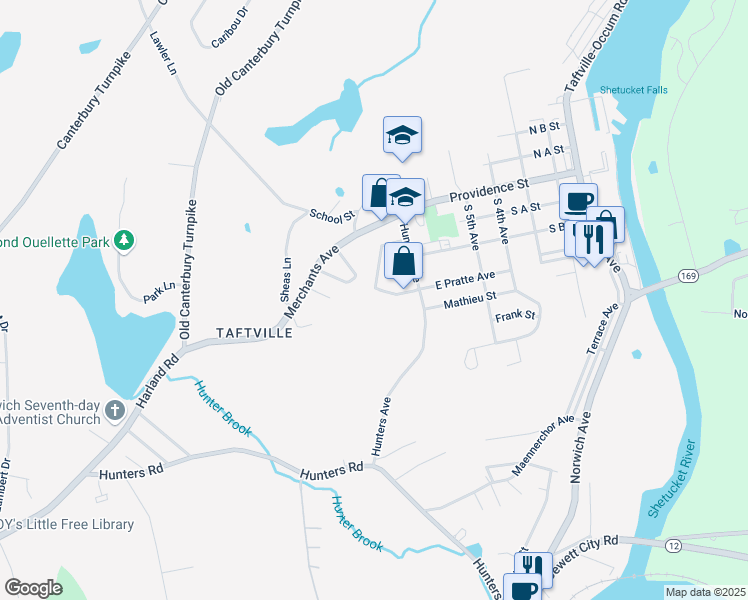 map of restaurants, bars, coffee shops, grocery stores, and more near 31 Pratte Avenue in Norwich