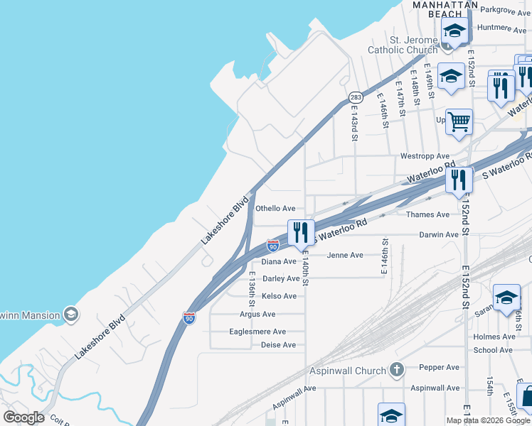 map of restaurants, bars, coffee shops, grocery stores, and more near 13618 Othello Avenue in Cleveland