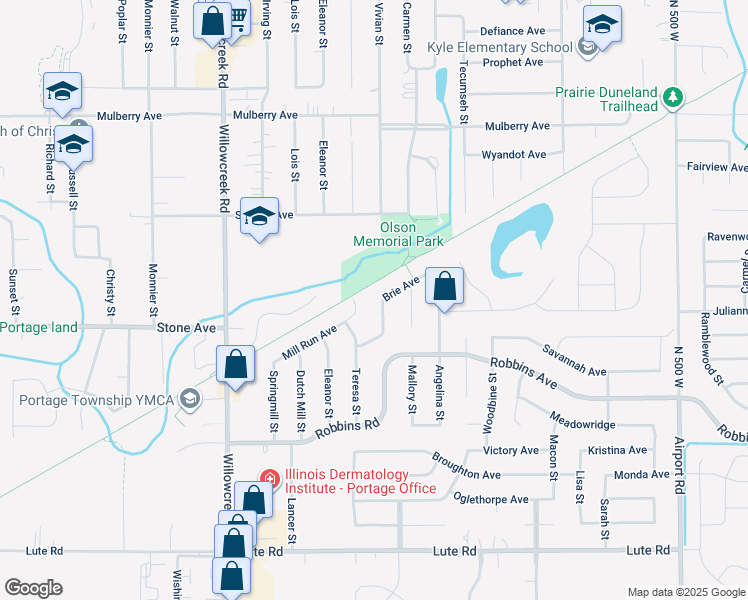 map of restaurants, bars, coffee shops, grocery stores, and more near Prairie Duneland Trail in Portage