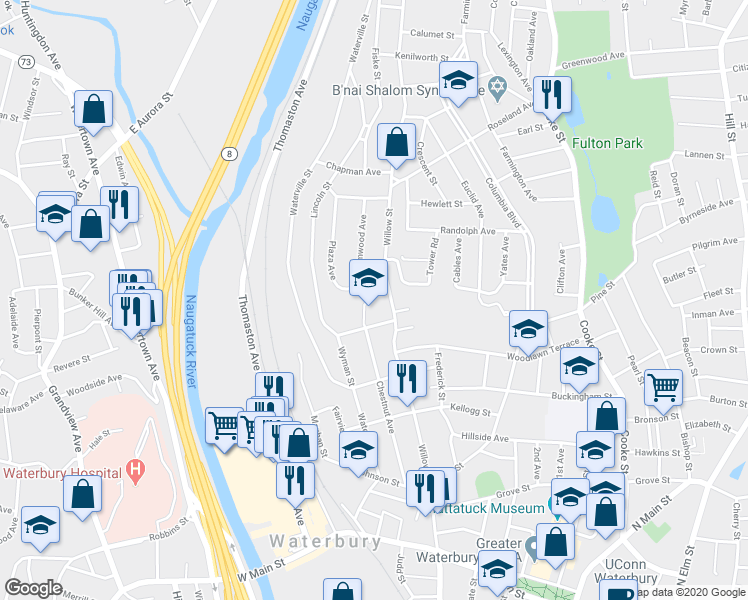 map of restaurants, bars, coffee shops, grocery stores, and more near in Waterbury