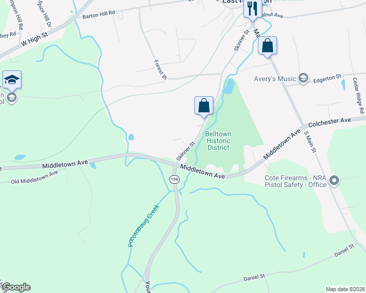 map of restaurants, bars, coffee shops, grocery stores, and more near 70 Skinner Street in East Hampton