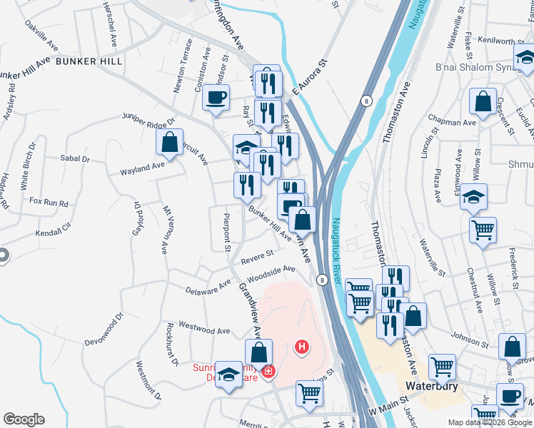 map of restaurants, bars, coffee shops, grocery stores, and more near 24 Tremont Street in Waterbury