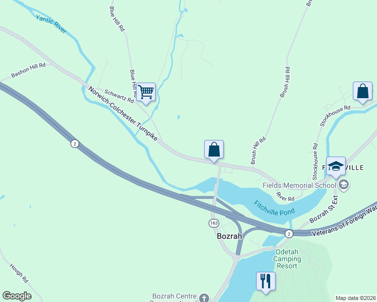map of restaurants, bars, coffee shops, grocery stores, and more near 337 Fitchville Road in Bozrah