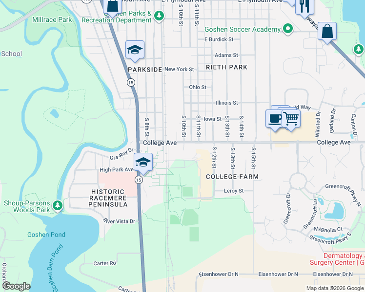 map of restaurants, bars, coffee shops, grocery stores, and more near 701 College Avenue in Goshen