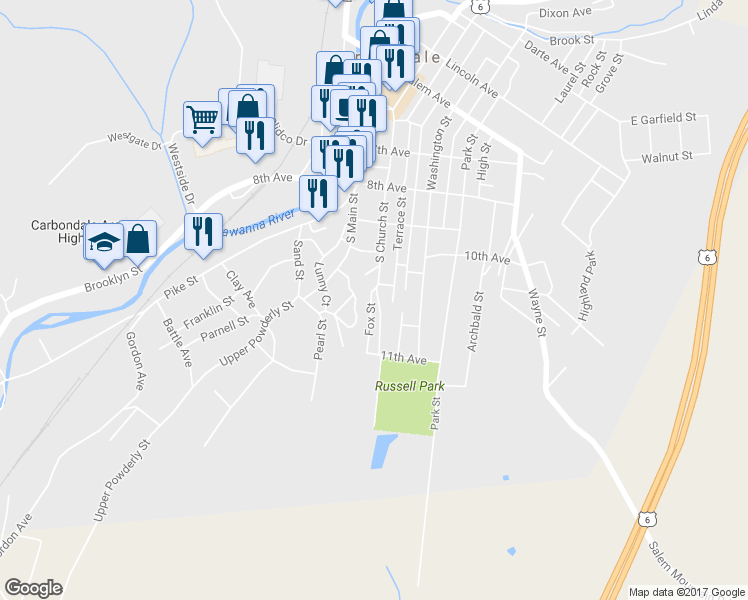 map of restaurants, bars, coffee shops, grocery stores, and more near 140 1/2 South Church Street in Carbondale