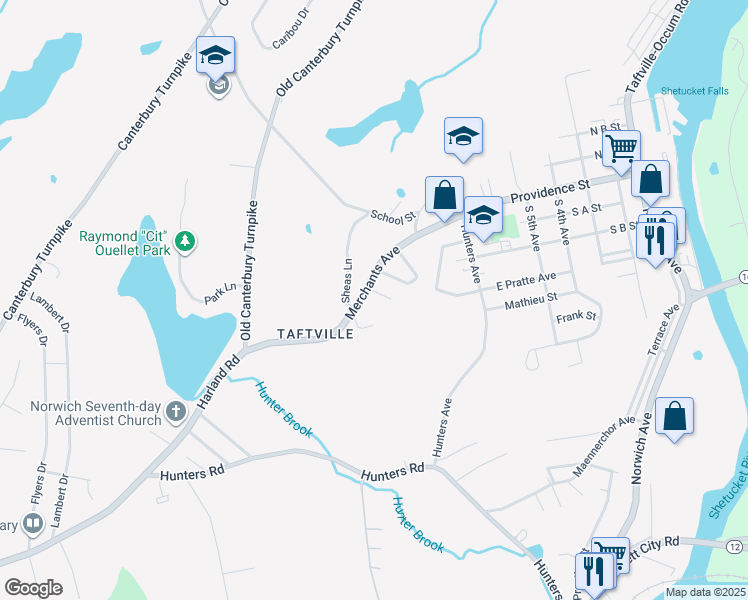 map of restaurants, bars, coffee shops, grocery stores, and more near 88 Merchants Avenue in Norwich