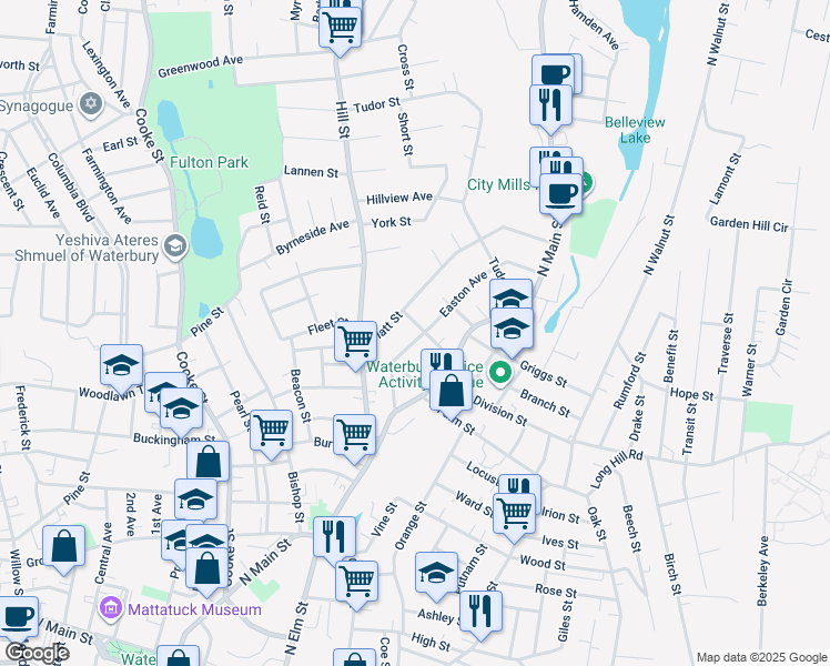 map of restaurants, bars, coffee shops, grocery stores, and more near 69 Brewster Street in Waterbury