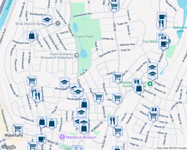 map of restaurants, bars, coffee shops, grocery stores, and more near 330 Bishop Street in Waterbury