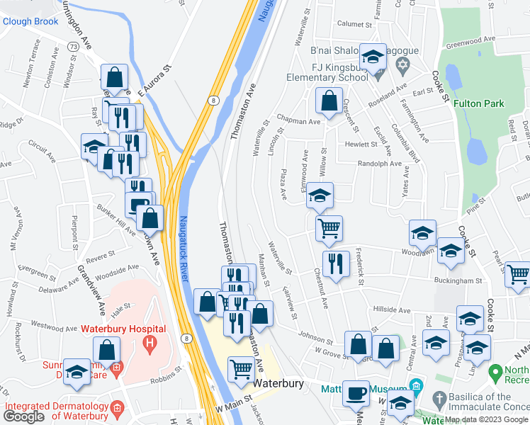 map of restaurants, bars, coffee shops, grocery stores, and more near 276 Waterville Street in Waterbury