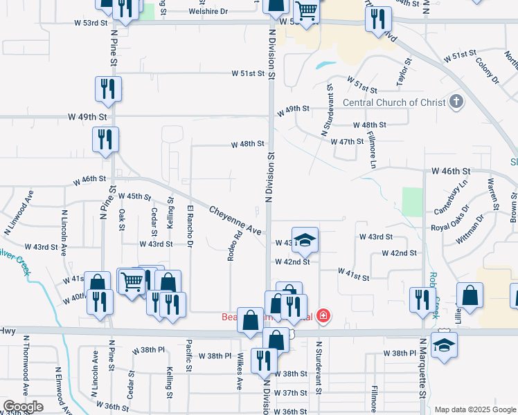 map of restaurants, bars, coffee shops, grocery stores, and more near 4510 North Division Street in Davenport