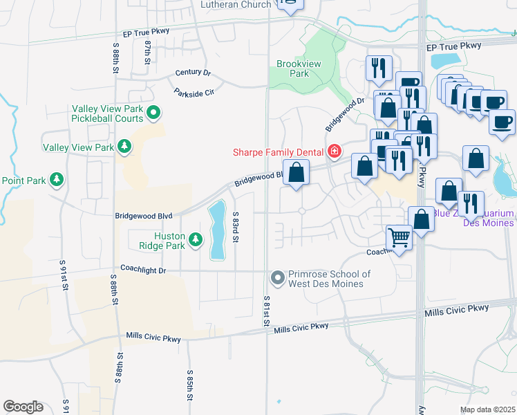 map of restaurants, bars, coffee shops, grocery stores, and more near 140 South 82nd Street in West Des Moines