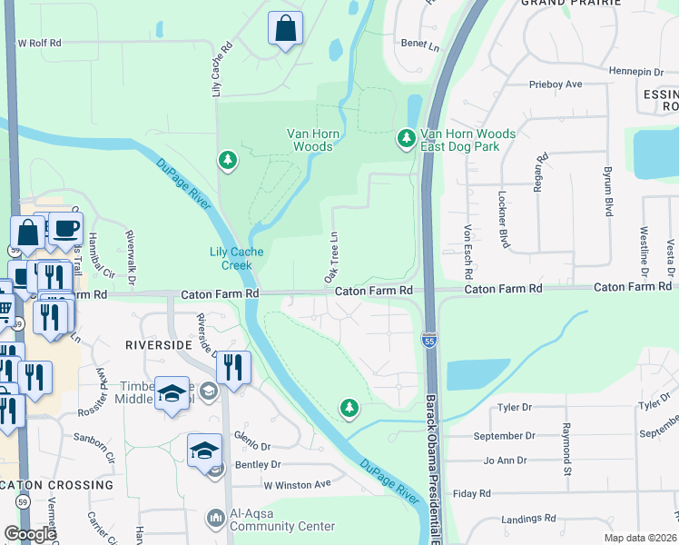map of restaurants, bars, coffee shops, grocery stores, and more near 2408 Oak Tree Lane in Plainfield