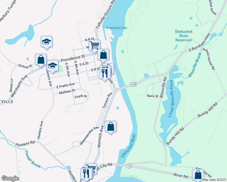 map of restaurants, bars, coffee shops, grocery stores, and more near 458 Norwich Avenue in Norwich