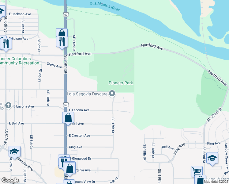 map of restaurants, bars, coffee shops, grocery stores, and more near SE 17th St & E Pioneer Rd in Des Moines