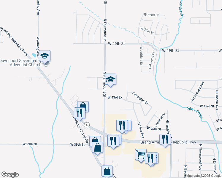 map of restaurants, bars, coffee shops, grocery stores, and more near 4515 North Fairmount Street in Davenport