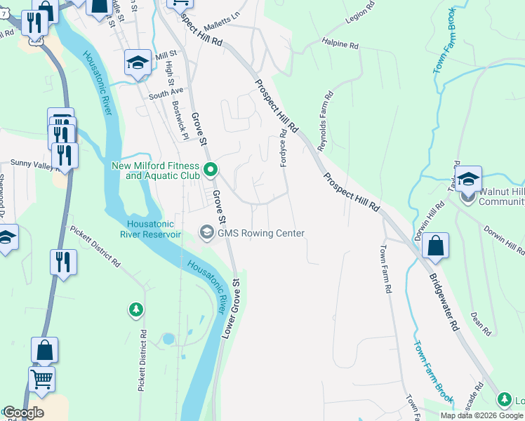 map of restaurants, bars, coffee shops, grocery stores, and more near 46 Fordyce Road in New Milford