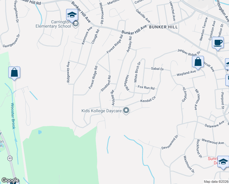map of restaurants, bars, coffee shops, grocery stores, and more near 303 Ardsley Road in Waterbury
