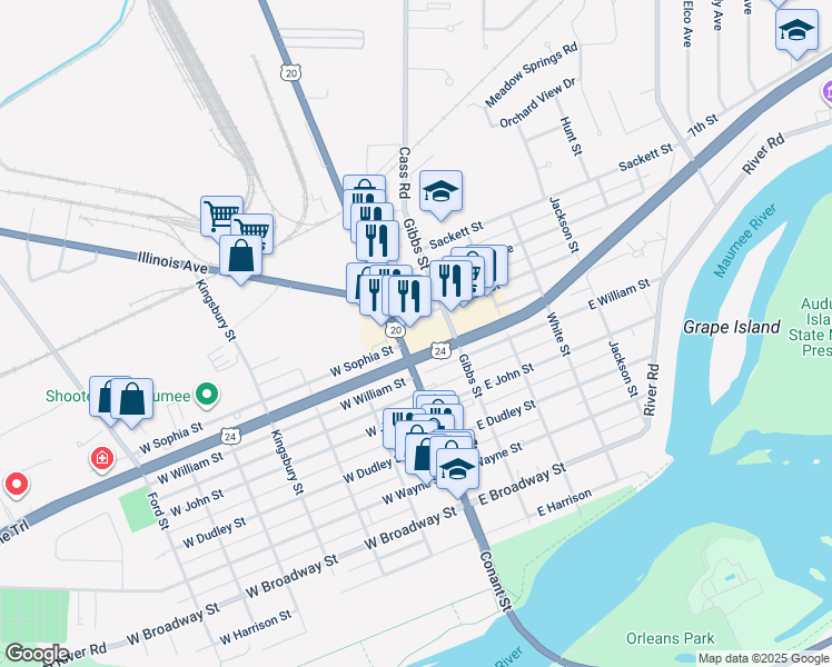 map of restaurants, bars, coffee shops, grocery stores, and more near 105 Golden Gate Plaza in Maumee