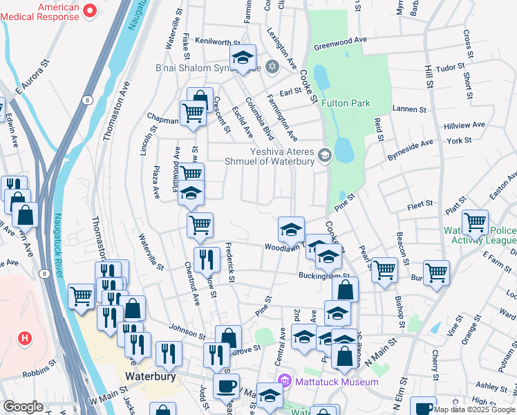 map of restaurants, bars, coffee shops, grocery stores, and more near 86 Cables Avenue in Waterbury