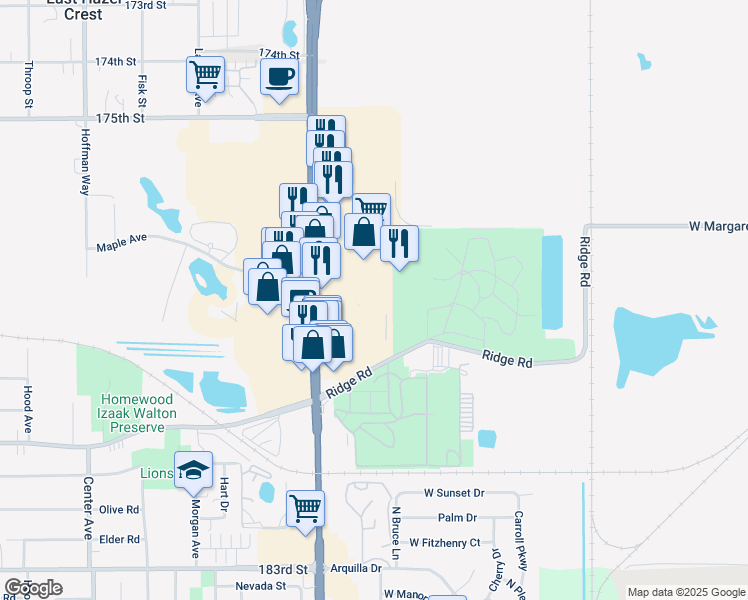 map of restaurants, bars, coffee shops, grocery stores, and more near 2003 183rd Street in Homewood