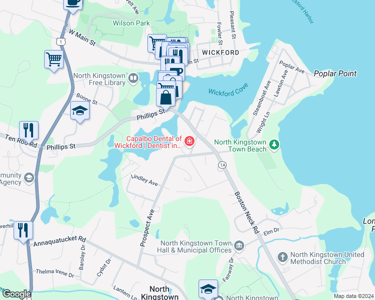 map of restaurants, bars, coffee shops, grocery stores, and more near 1 Updike Avenue in North Kingstown