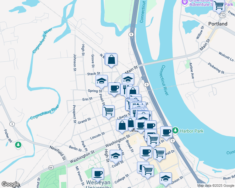 map of restaurants, bars, coffee shops, grocery stores, and more near 7 Spring Street in Middletown
