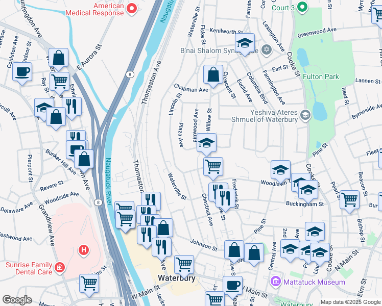map of restaurants, bars, coffee shops, grocery stores, and more near in Waterbury
