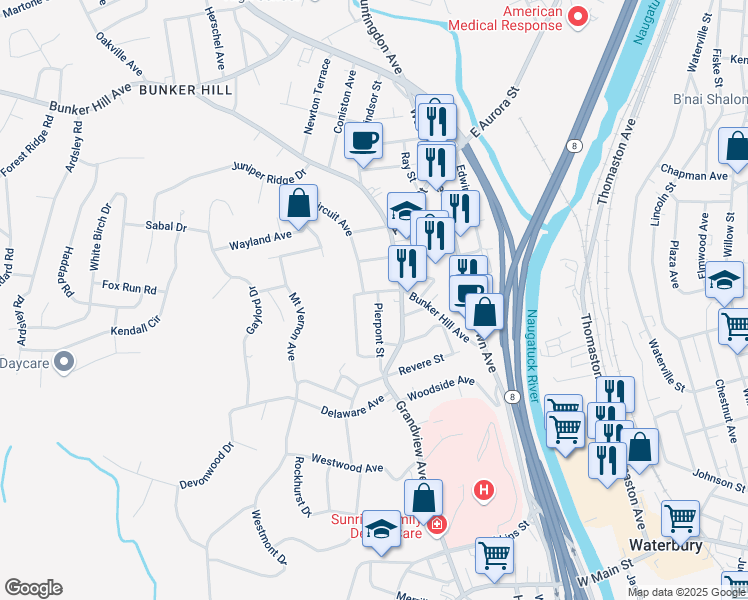 map of restaurants, bars, coffee shops, grocery stores, and more near 10 Woodruff Street in Waterbury