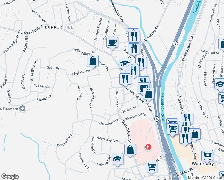 map of restaurants, bars, coffee shops, grocery stores, and more near 15 Circuit Avenue in Waterbury