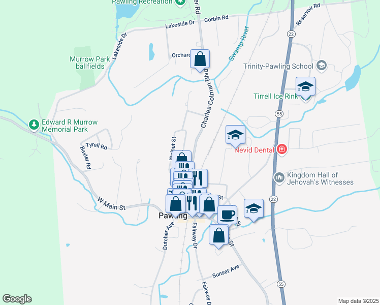 map of restaurants, bars, coffee shops, grocery stores, and more near 115 Charles Colman Boulevard in Pawling