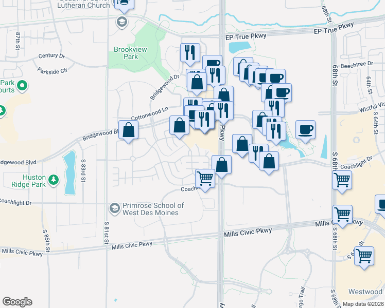 map of restaurants, bars, coffee shops, grocery stores, and more near 7425 Wistful Vista Drive in West Des Moines