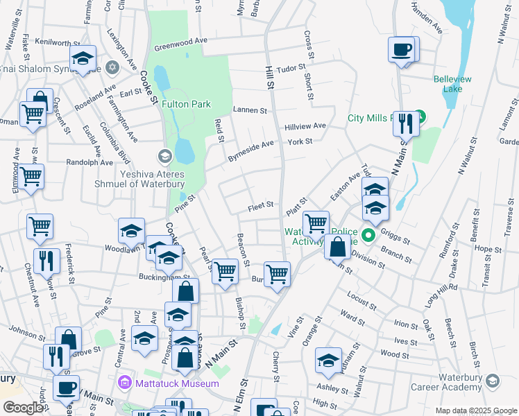 map of restaurants, bars, coffee shops, grocery stores, and more near 11 Fleet Street in Waterbury