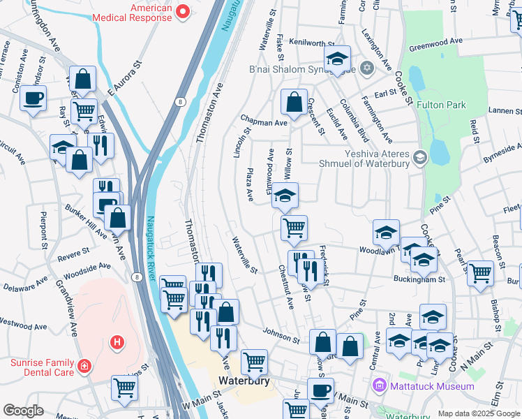 map of restaurants, bars, coffee shops, grocery stores, and more near 36 Plaza Avenue in Waterbury