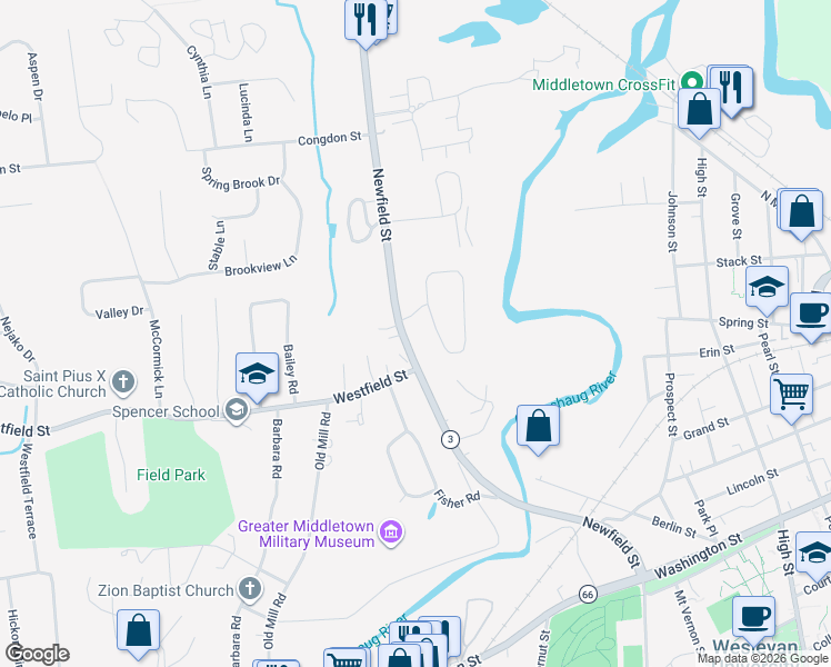 map of restaurants, bars, coffee shops, grocery stores, and more near 220 Newfield Street in Middletown