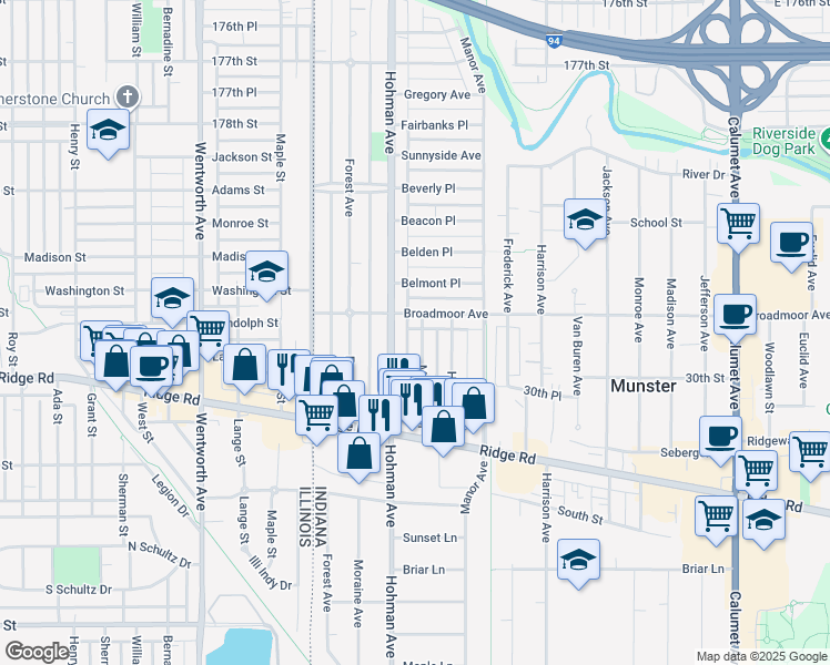 map of restaurants, bars, coffee shops, grocery stores, and more near 8116 Meadow Lane in Munster