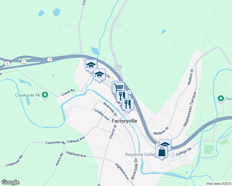 map of restaurants, bars, coffee shops, grocery stores, and more near 152 College Avenue in Factoryville