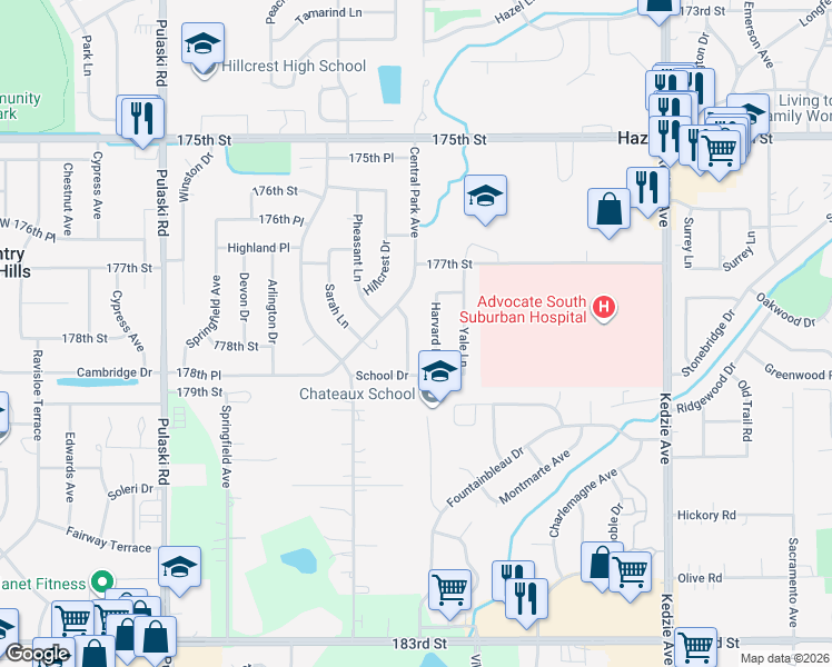 map of restaurants, bars, coffee shops, grocery stores, and more near 17780 Harvard Lane in Country Club Hills