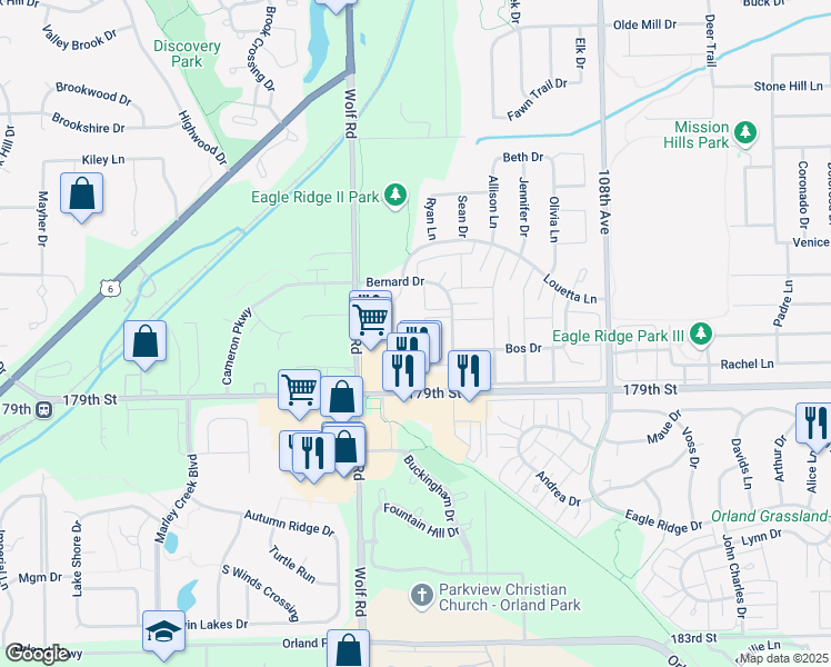 map of restaurants, bars, coffee shops, grocery stores, and more near 11117 Wisconsin Court in Orland Park