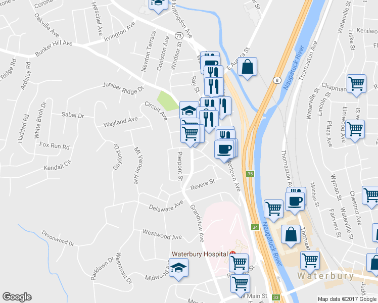 map of restaurants, bars, coffee shops, grocery stores, and more near 369 Grandview Avenue in Waterbury