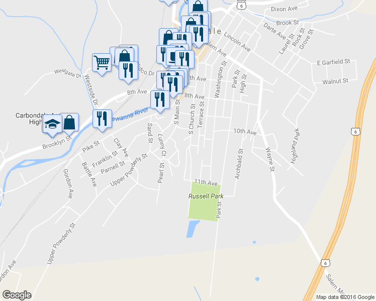map of restaurants, bars, coffee shops, grocery stores, and more near 140 South Church Street in Carbondale