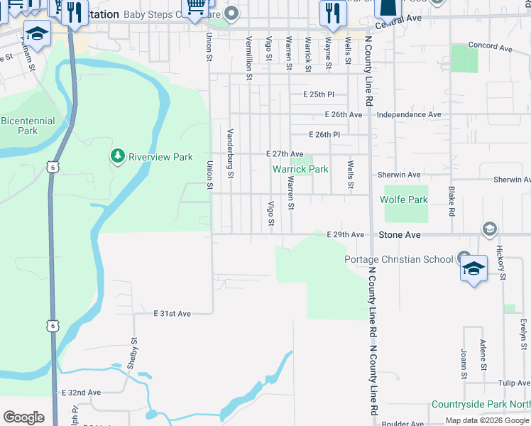 map of restaurants, bars, coffee shops, grocery stores, and more near 2800-2898 S Vigo St in Lake Station